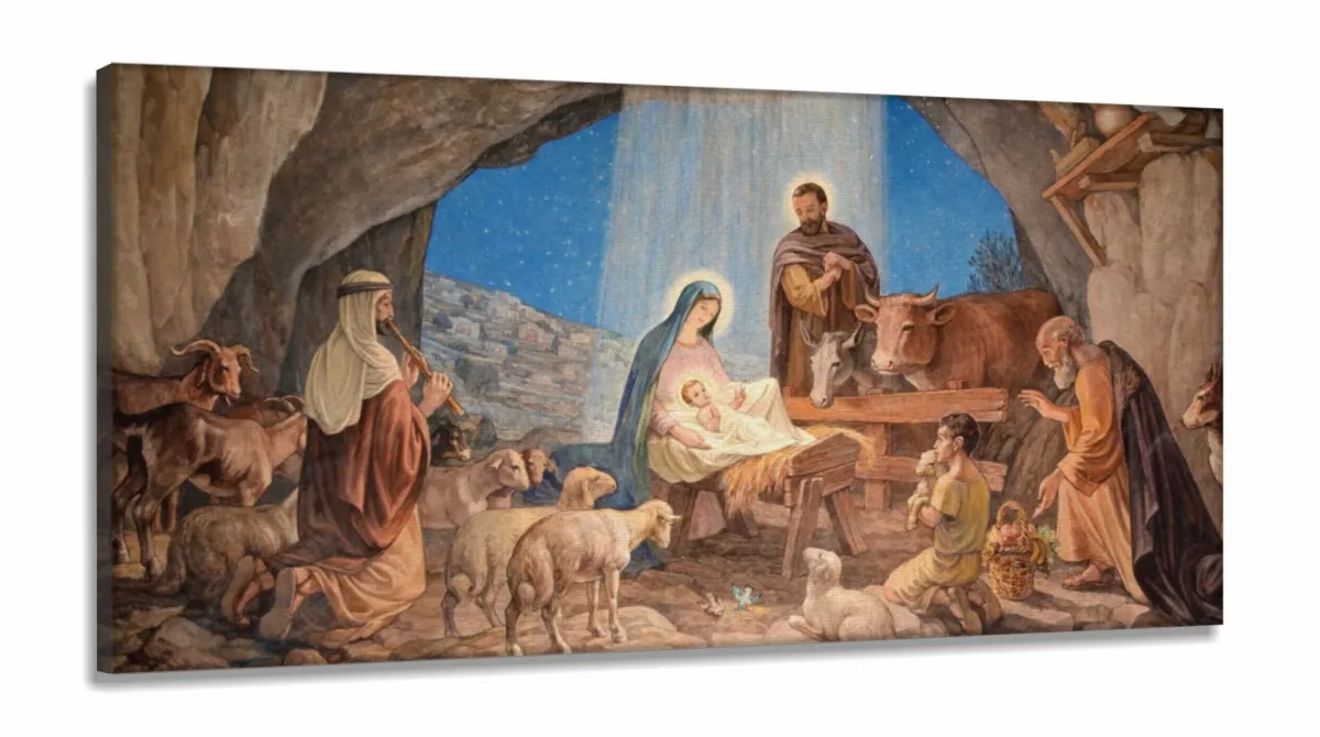 Quadro Decorativo Sala Quarto Escritório Jesus Presépio em Tecido Canvas 130x60 Imagem