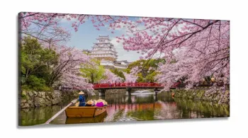 Quadro Decorativo Sala Quarto Escritório Lago e Cerejeiras em Tecido Canvas 130x60