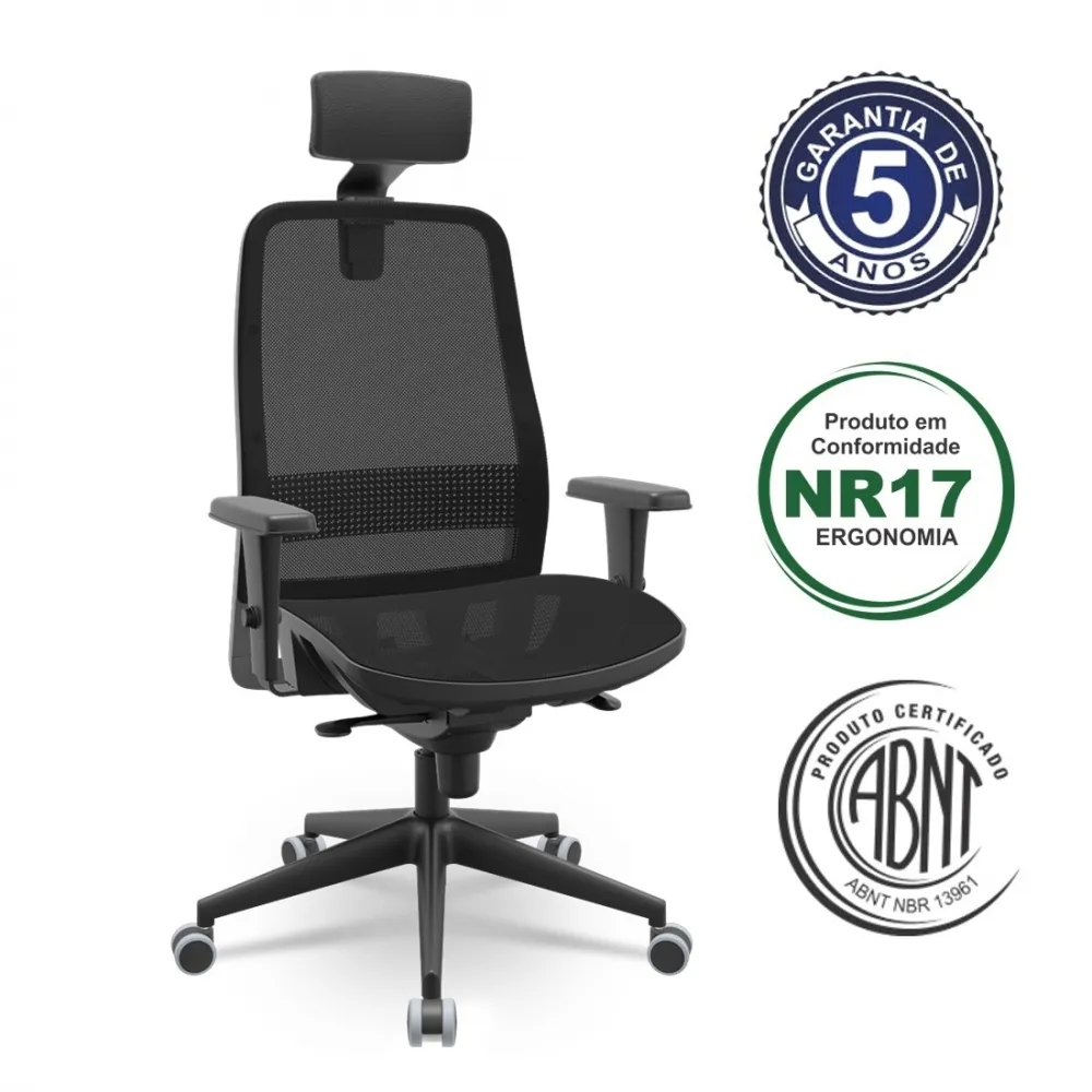Cadeira Multiregulável NR17 Titan Sincronizada Piramidal Braços 3D e Apoio de Cabeça