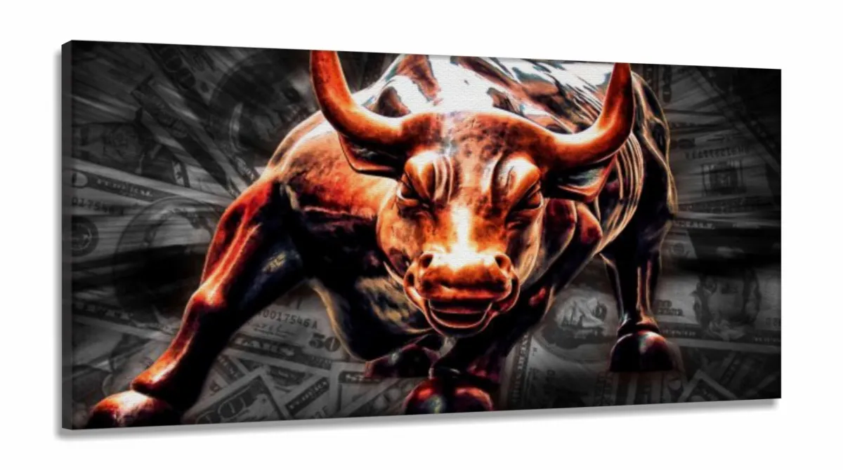 Quadro Decorativo Touro De Wall Street Dolar em Tecido Canvas 130x60 Imagem