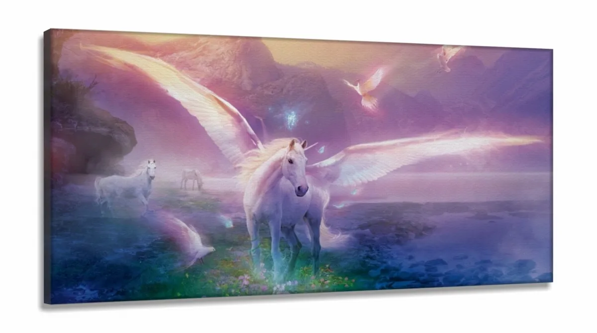 Quadro Decorativo Unicórnio Asas em Tecido Canvas 130x60 Sala Quarto Imagem
