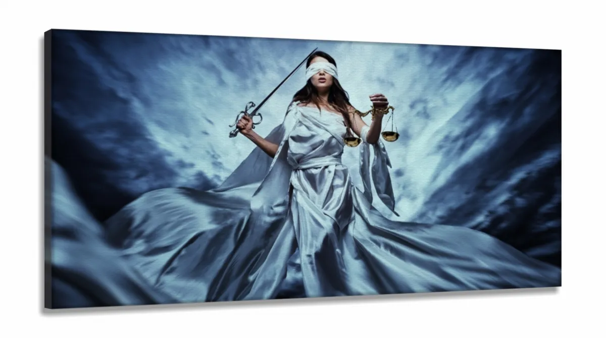 Quadro Escritório Advocacia Deusa Justiça Azul em Tecido Canvas 130x60 m01 Imagem