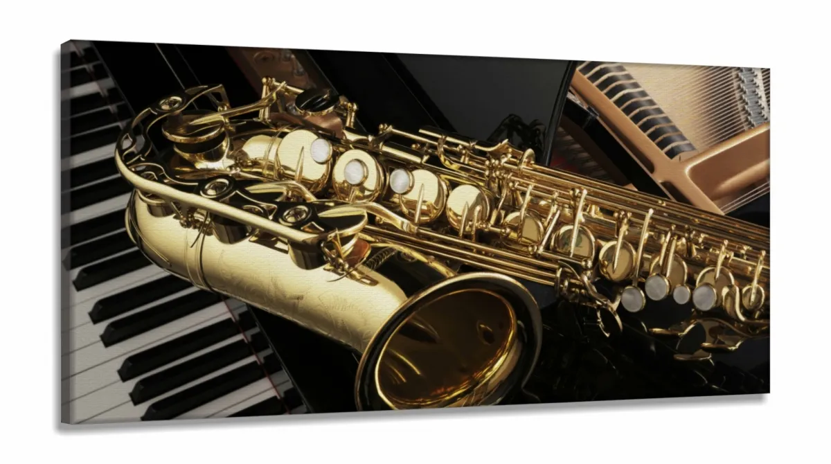 Quadro Piano Teclado E Saxofone Música Decorativo em Tecido Canvas 130x60 Imagem