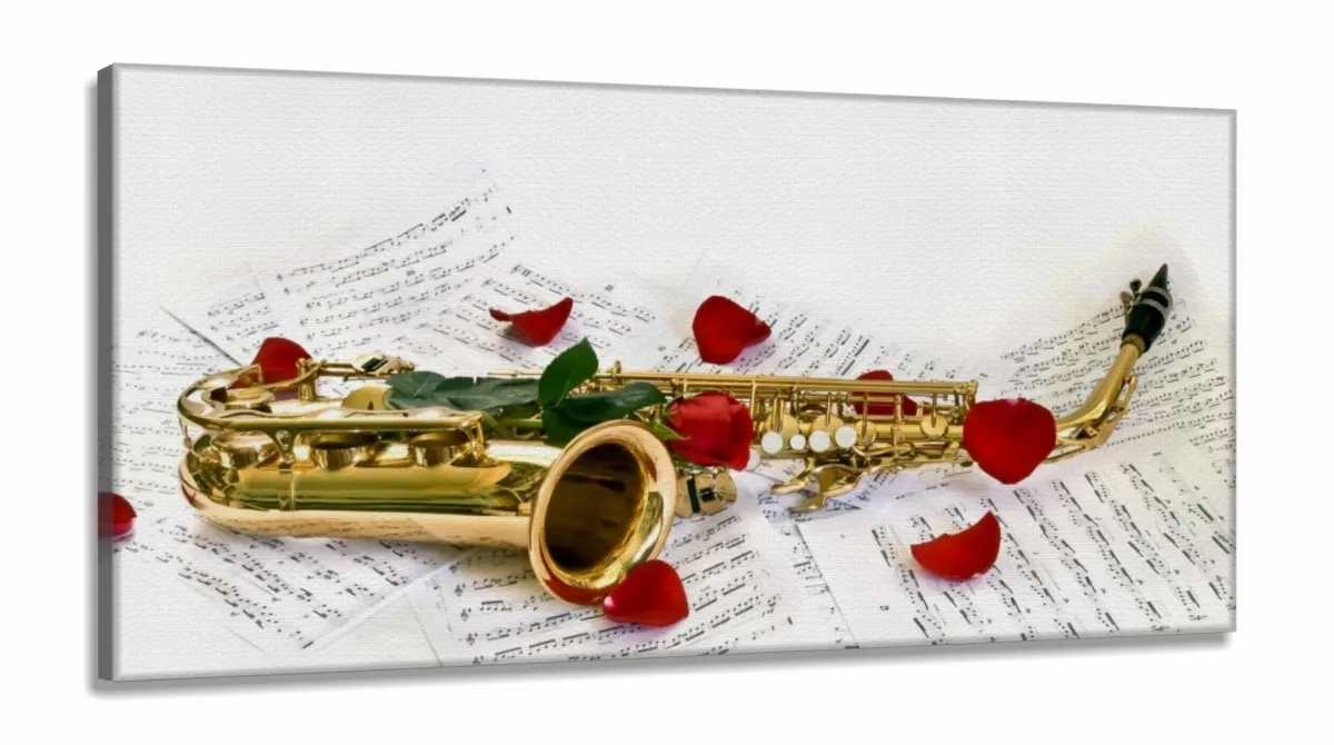 Quadro Saxofone Partituras E Rosas Decorativo Em Tecido em Tecido Canvas 130x60 Imagem