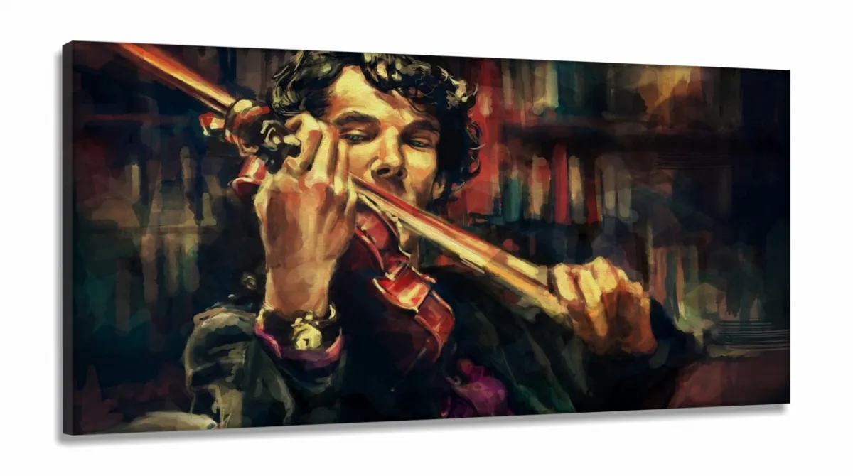 Quadro Sherlock Holmes E Violino Art Tela em Tecido Canvas 130x60 Imagem