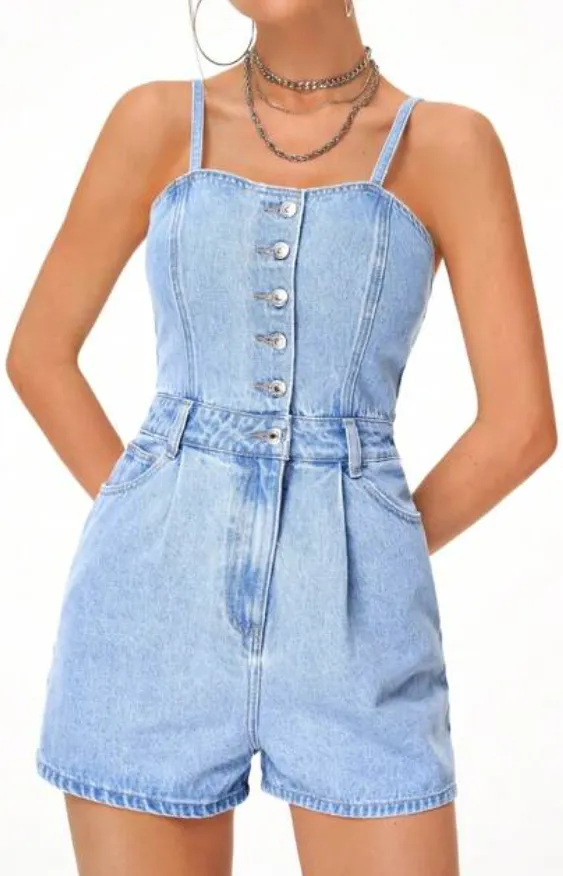 SHEIN Essnce Botão Frontal Cami Macacão Denim