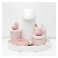 Kit Higiene - Corações - 6 peças - Poá - Bandeja Oval - Garrafa G - Tampas Cerâmica