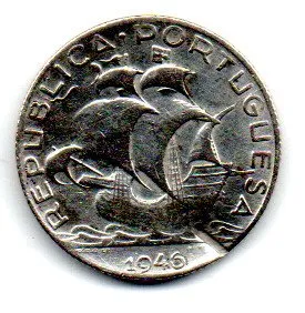 Portugal - 1946 - 2,50 Escudos - Prata .650 - Aprox. 3,5g - 20mm - C/ Dano - Mossa