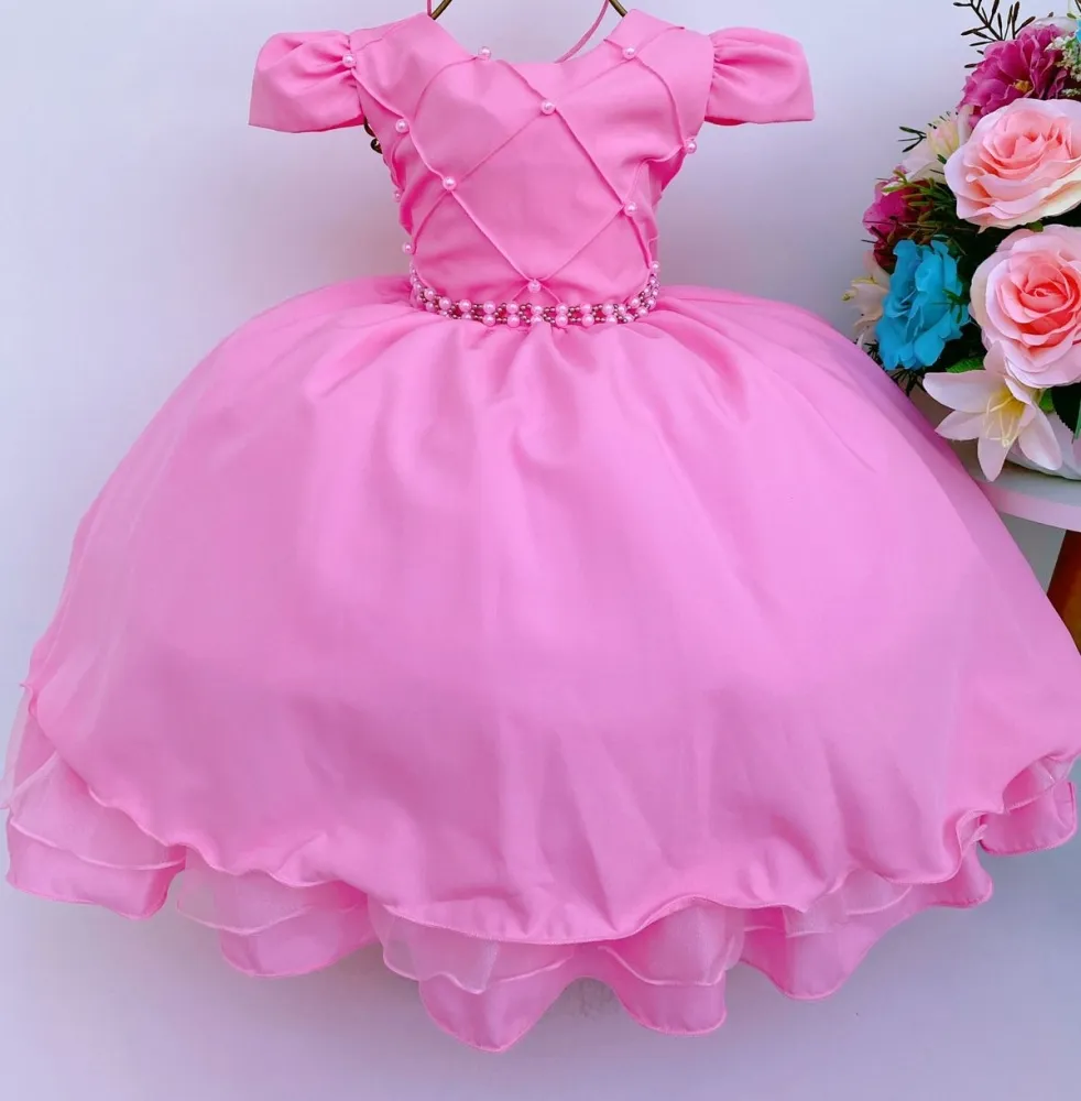 Vestido Festa Rosa Chiclete Claro Pérola