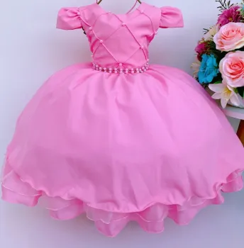 Vestido Festa Rosa Chiclete Claro Pérola