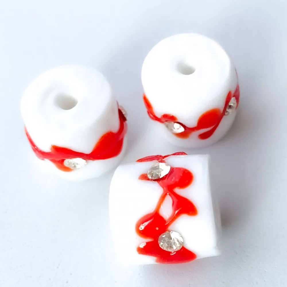 Firma de murano Tambor com strass Branco e Vermelho  