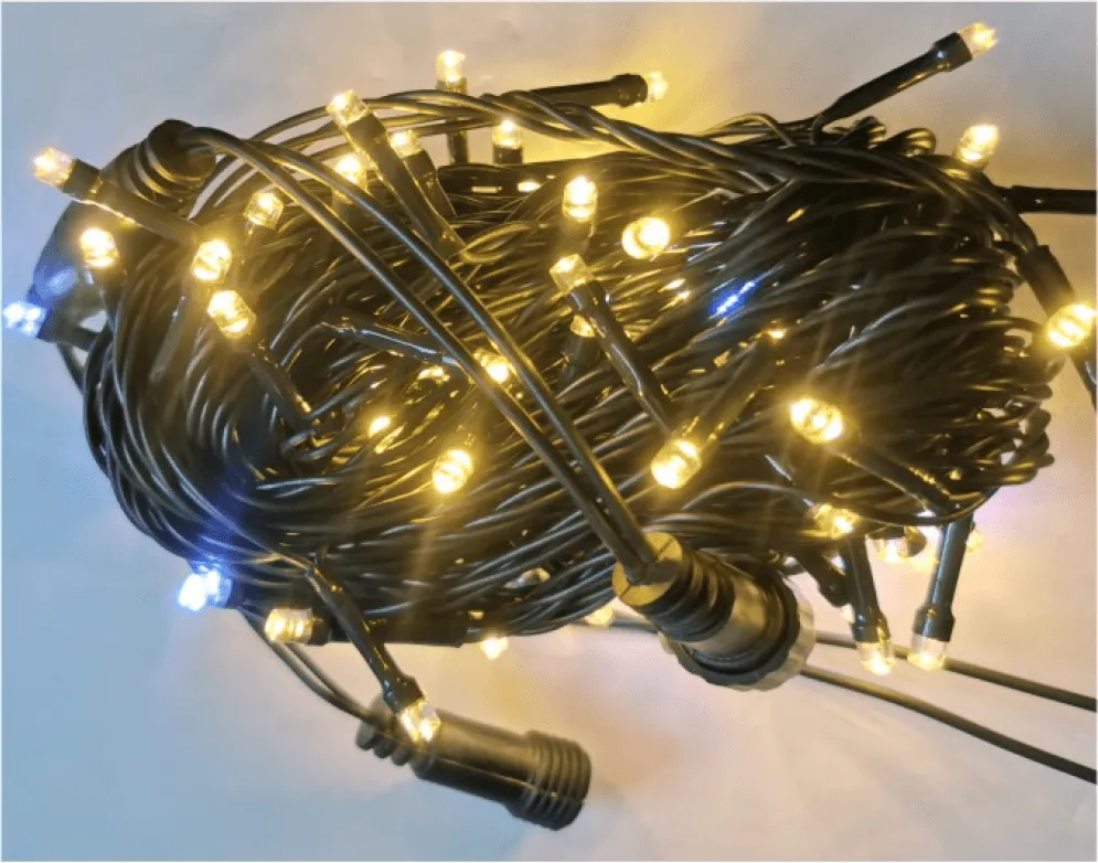 Cordão Pisca Externo Fixo 100 Led Branco Quente - Fio Verde Macho e Femia 10 metros Imagem