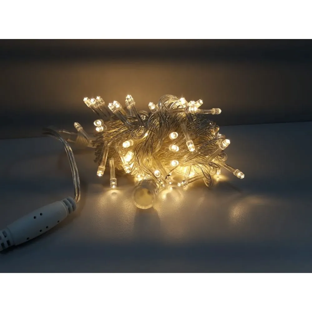 Cordão Pisca Externo Fixo 100 Led Branco Quente - Fio Cristal Macho e Femia 10 metros