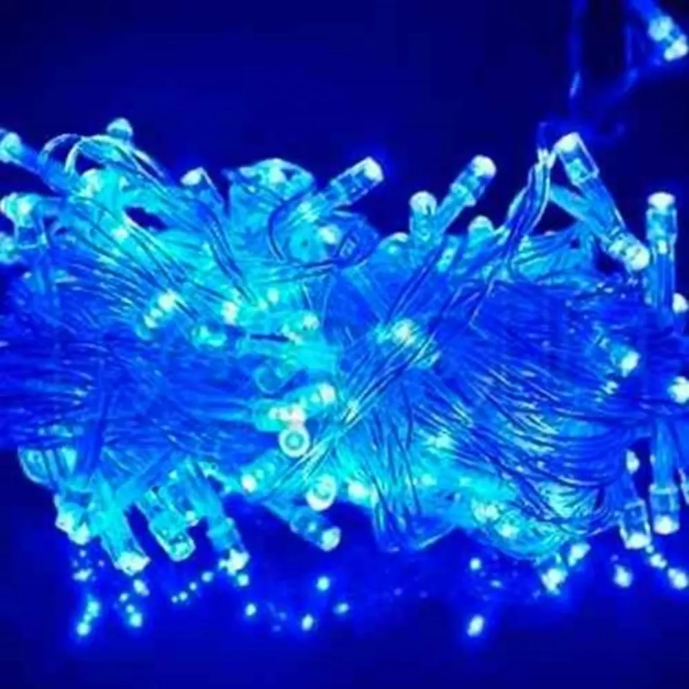 Cordão Pisca Externo Fixo 100 Led Azul - Fio Cristal Macho e Femia 10 metros