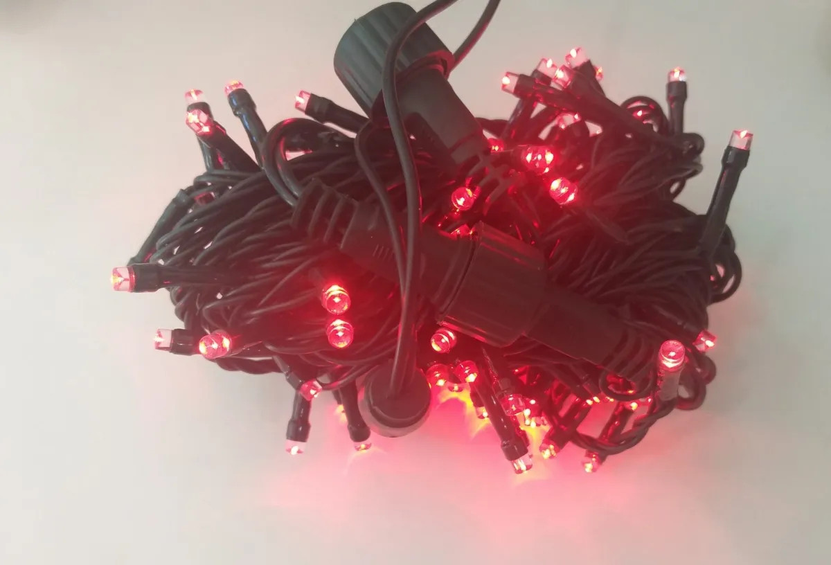 Cordão Pisca Externo Fixo 100 Led VERMELHO- Fio Verde Macho e Femia 10 metros