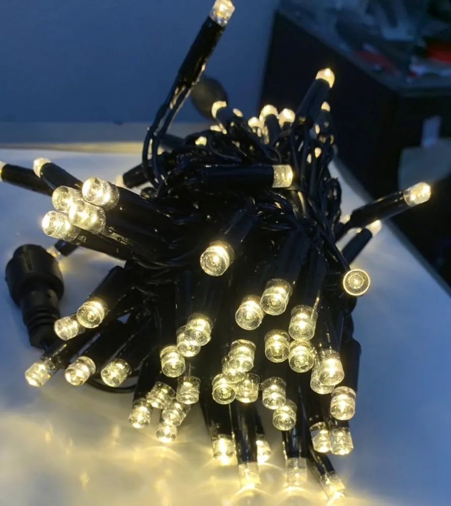 Cordão Pisca BLINDADO Externo Fixo 100 Led Branco quente - Fio reforçado Verde Macho e Femia 10 metros