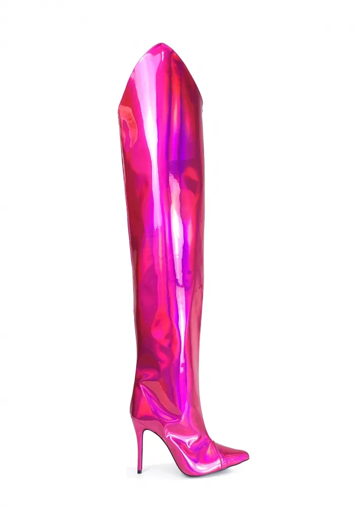 Bota Over the Knee Lenn Metalizada Holográfica Rosa com Numeração Especial Imagem