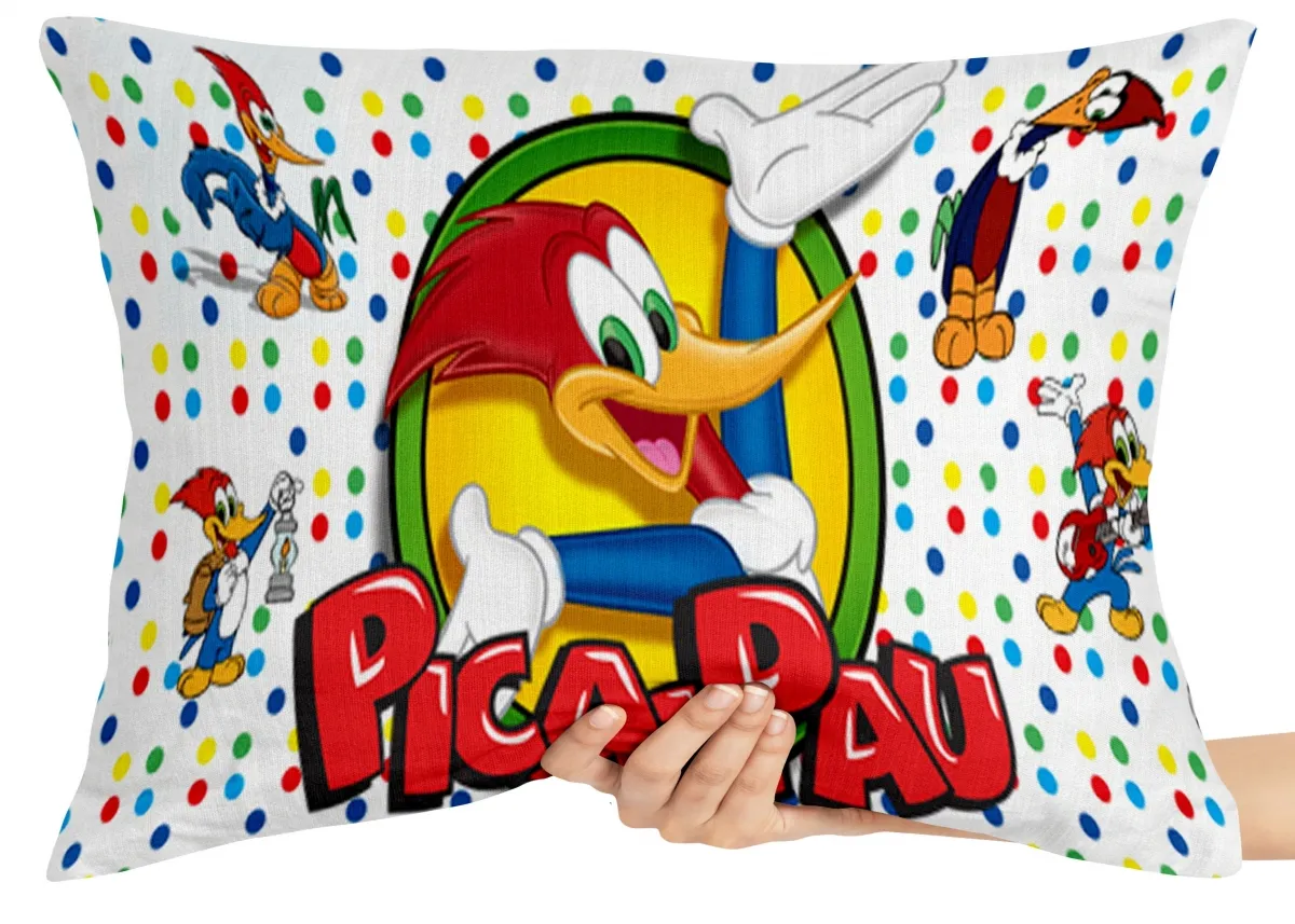 Capa de Almofada ou Travesseiro Pica Pau bolinhas desenho