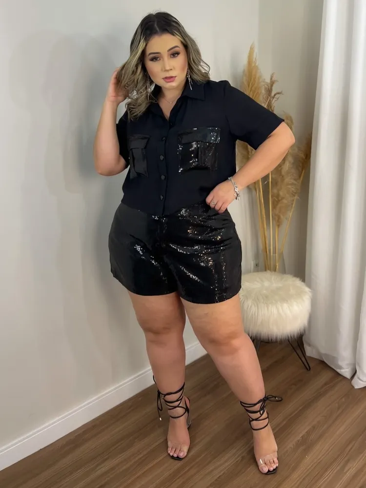 Conjunto Camisa Shorts Paetês It Curves Preto Imagem