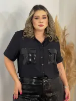 Conjunto Camisa Shorts Paetês It Curves Preto - Foto 4