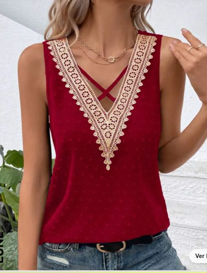 SHEIN LUNE Ponto Suíço Renda Guipura Contraste Blusa Sem Mangas