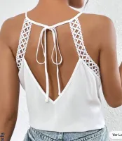 SHEIN Frenchy Painel De Renda Guipura Amarrar Halter Top - Foto 2