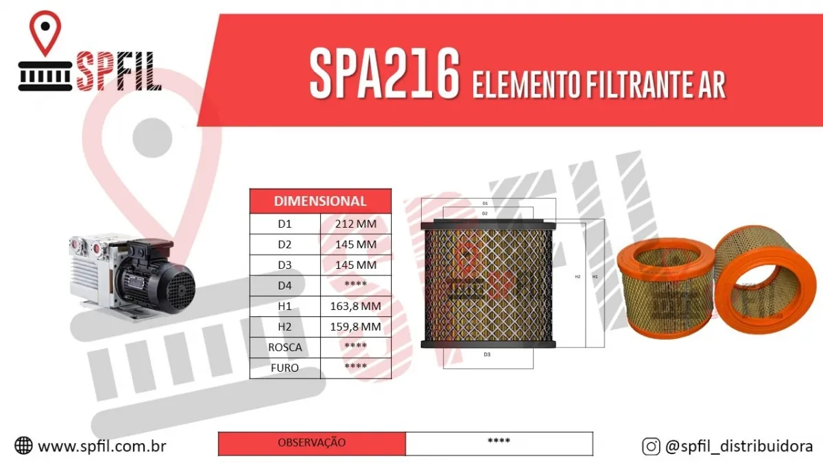 ELEMENTO FILTRANTE AR BOMBA DE VÁCUO SPA216