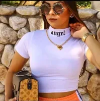 Cropped T- Shirt Gola alta escrita angel, Moda blogueira. - Foto 3