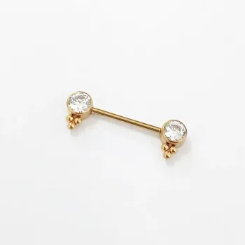 Barbell MAMILO em TITÂNIO PVD DOURADO 1.6mm com PEDRAS FLAT 5mm e 3 ESFERAS  TIT12
