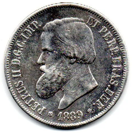 1889 - 2000 Réis - Prata .917 - Aprox 25,5g - 37mm - Moeda Brasil Império - Polida
