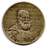1932 - 2000 Réis - Prata .500 - Aprox 8g - 26mm - Vicentina - Comemorativa 4° Centenário da Colonização do Brasil - Moeda Brasil