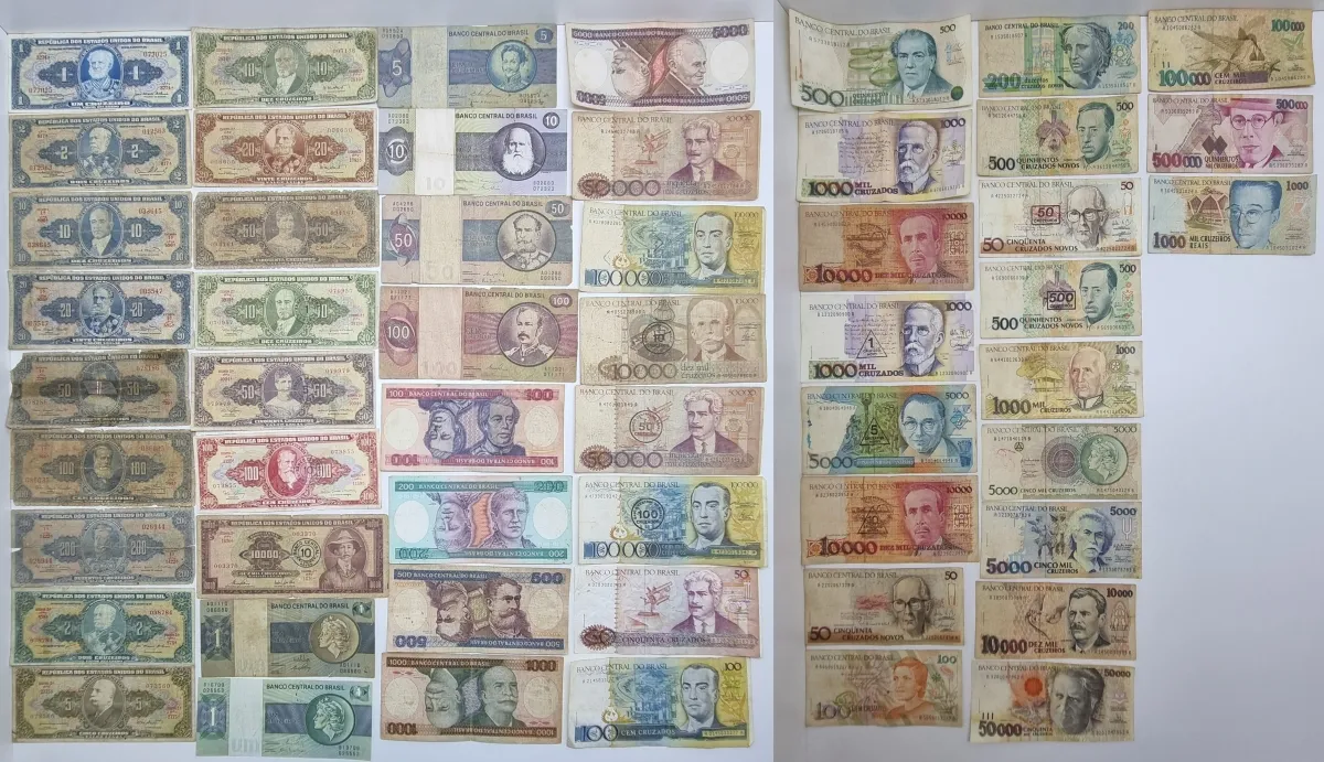 Lote com 54 Cédulas Nacionais das Imagens - Estado de Conservação UTG á MBC - Algumas cédulas estão rasgadas e c/ danos