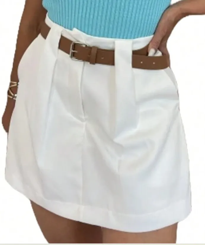 Short Saia Alfaiataria Com Cinto De Couro Feminino Cintura Alta Prega Cos Alto Moda Verão Bolso Soltinho Shortin Imagem