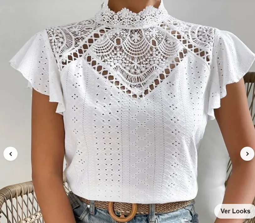 SHEIN Frenchy Blusa renda guipura contraste pescoço manga de borboleta schiffy