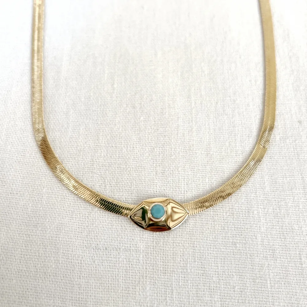 Choker Malha Rígida com Olho Grego Martelado e Pedra Turquesa Imagem