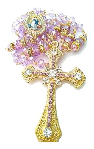Terço Imaculada Conceição Cristal Lilás Cruz Strass Preciosa