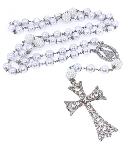 Terço De Noiva Pérolas Brancas 10mm Aparecida Grande Strass Imagem