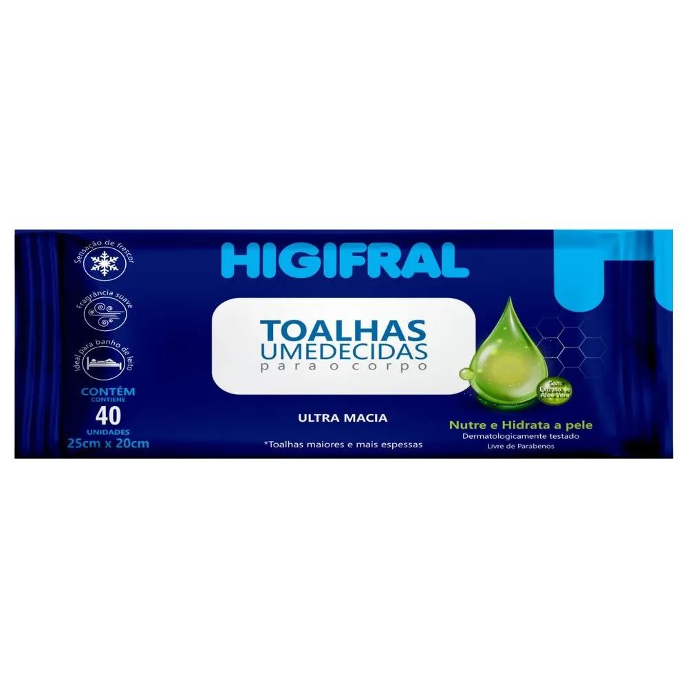 Toalha Umedecida Para Adulto 40 unidades 25cm X 20cm - Higifral