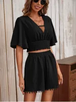 oco frontal manga de borboleta Top cortado & Shorts - Foto 3