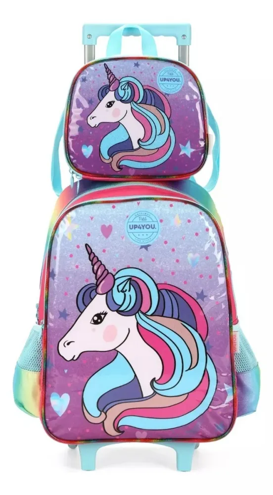 Kit Mochila e lancheira Unicórnio Azul 2024 