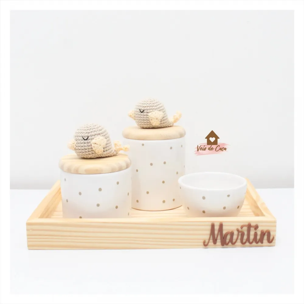 Passarinhos - Kit Higiene - 4 peças - Poá - Bandeja Madeira 