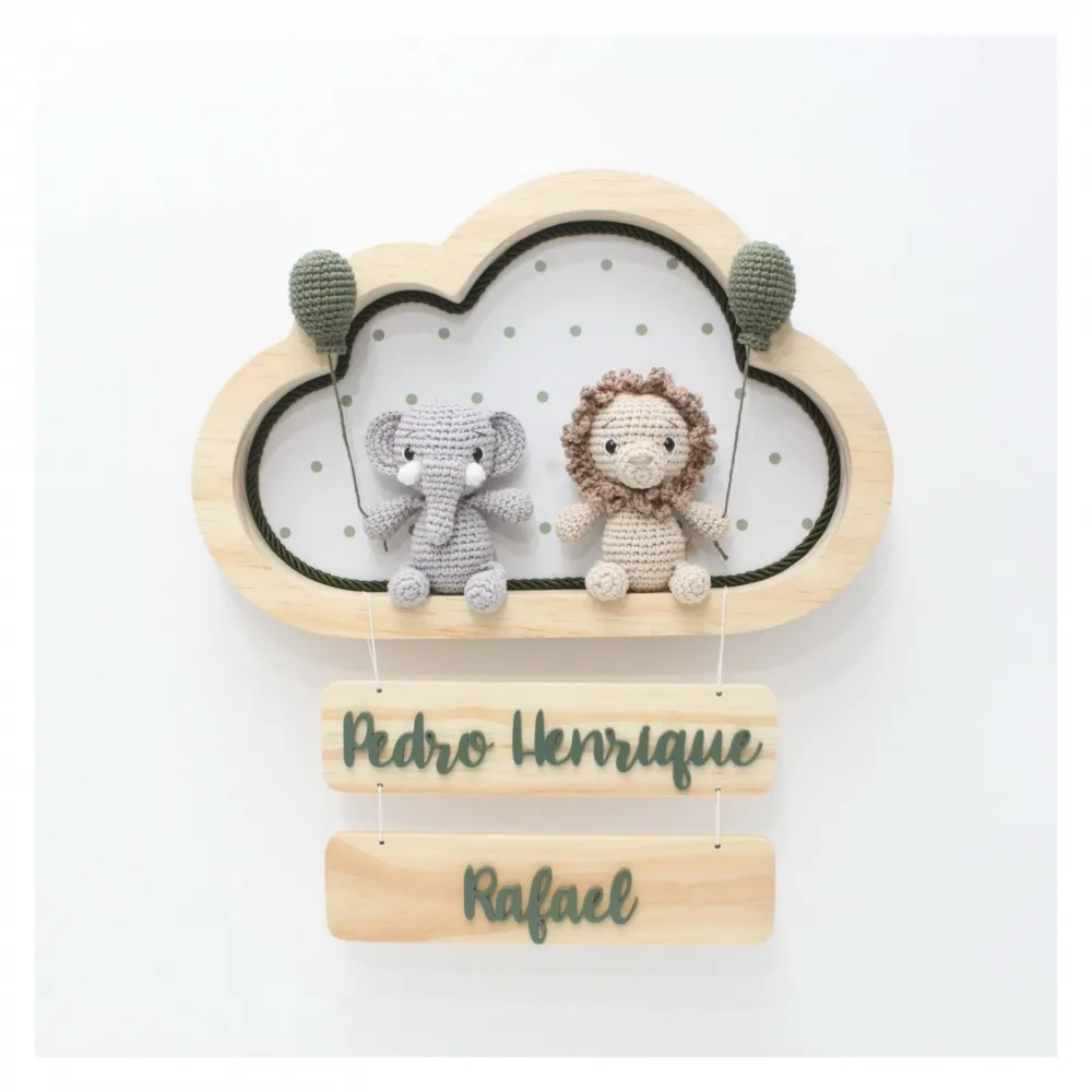 Dupla Safari - Gêmeos - Nuvem M - Porta Maternidade - Leão e Elefante Imagem