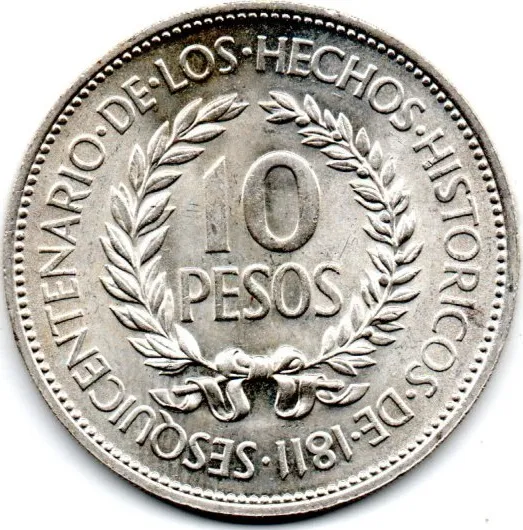 Uruguai - 1961 - 10 Pesos - Prata .900 - Aprox. 12,5g - 33mm - Comemorativa (Sesquicentenário da Revolução Contra a Espanha) Imagem