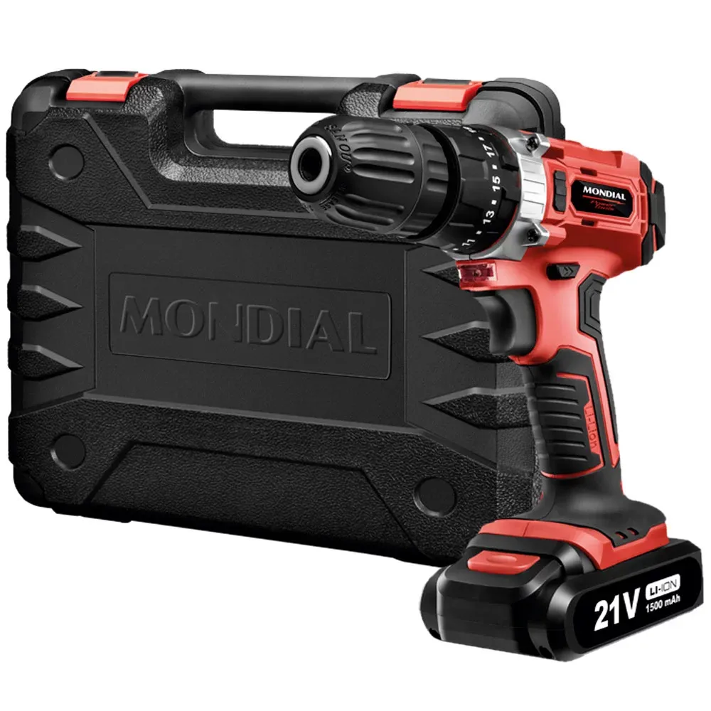 Furadeira E Parafusadeira Sem Fio de 10mm Mondial PF-O9M 21v com maleta de transporte 100V/240V 50Hz/60Hz Imagem