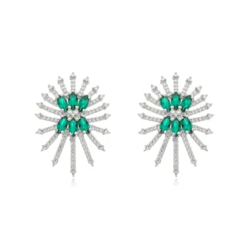 Brinco leque espelhado pedras cravejadas central cristal com cor ao redor micro zircônias transparente antialérgico semijoia de luxo banho de ródio. - Foto 2