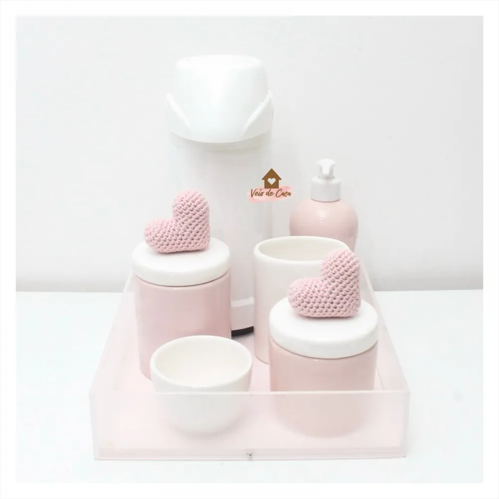 Kit Higiene - Corações - 7 peças - Poá - Bandeja Acrílico