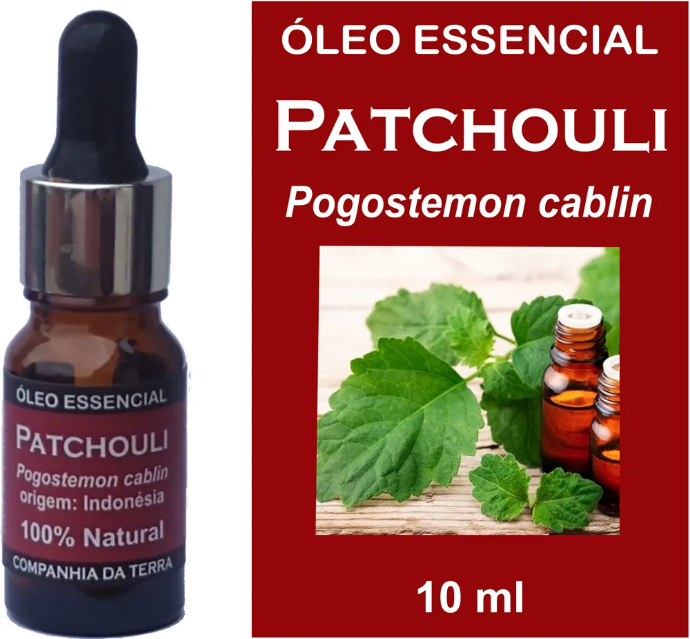 Patchouli - Óleo essencial 100% natural de Pogostemon cablin. Frasco de vidro 10 ml com cânula e acabamento em metal.    