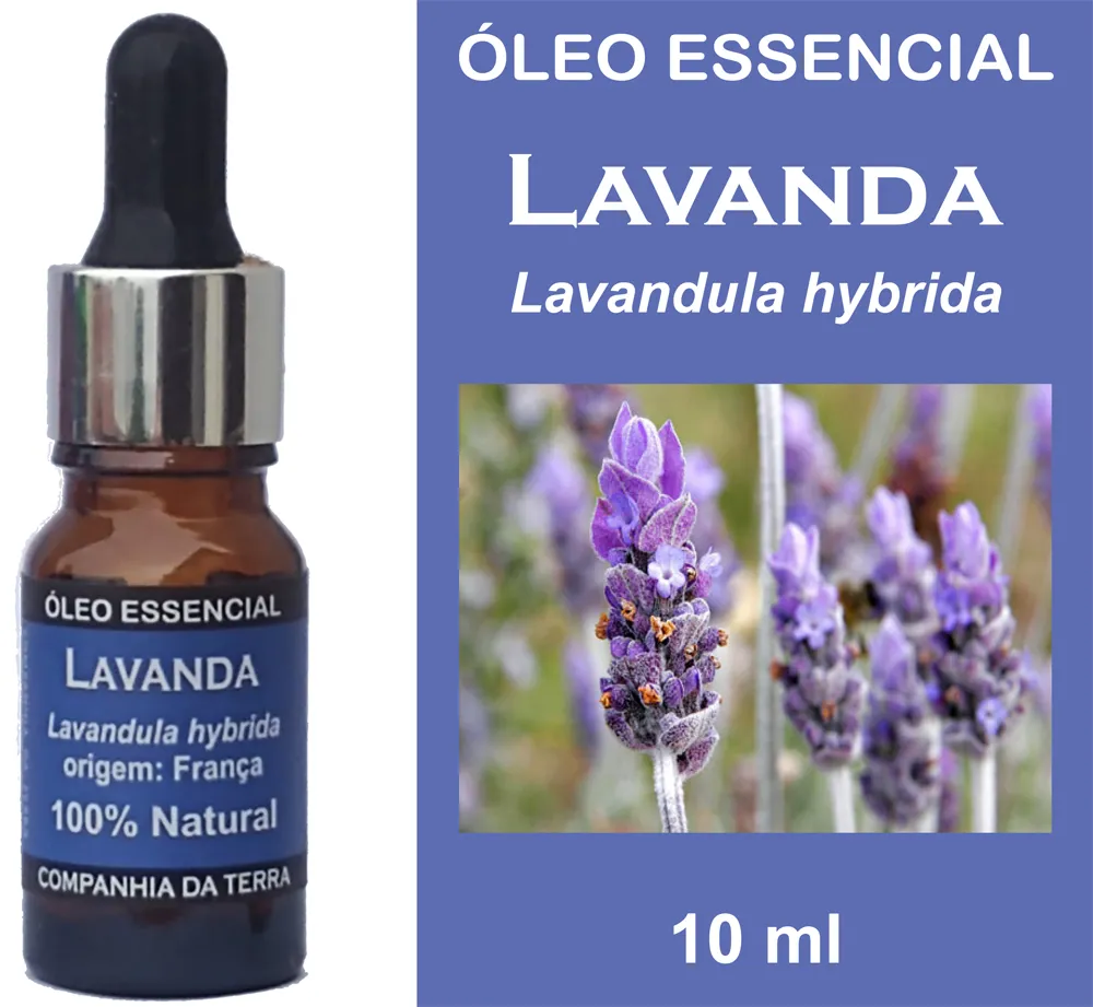 Lavanda - Óleo essencial 100% natural de Lavandula hybrida. Frasco de vidro 10 ml com cânula e acabamento em metal. 