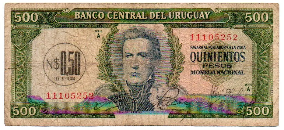 Uruguai - N$ 0,50 - carimbo sob 500 Pesos - Cédula Estrangeira - BC