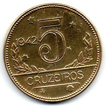 1942 - 5 Cruzeiros - Moeda Brasil - C/ Delaminação - Obs.: Limpeza imprópria